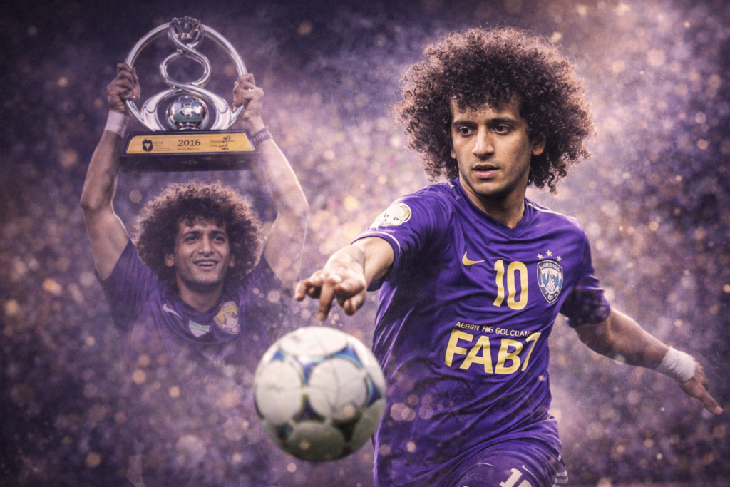 عمر عبد الرحمن عموري بقميص نادي العين الإماراتي وجائزة أفضل لاعب في آسيا.