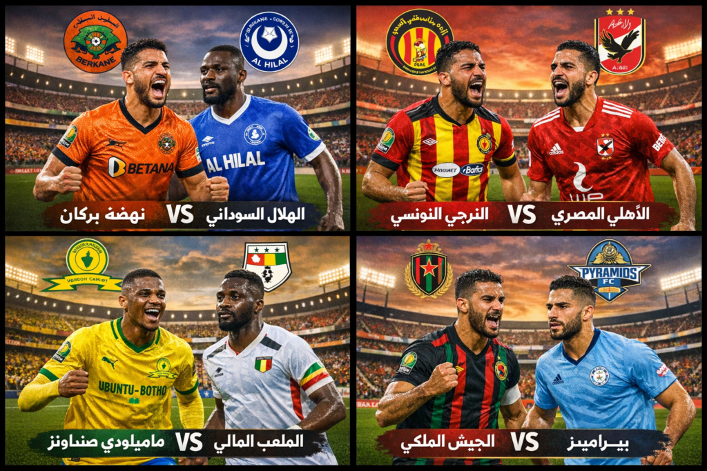 نهضة بركان ضد الهلال السوداني
الترجي الرياضي التونسي ضد الأهلي المصري
ماميلودي صنداونز ضد الملعب المالي
الجيش الملكي ضد بيراميدز